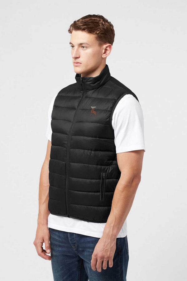 elo Men's Premium Moose Embroidered Body Warmer Puffer Gilet Black