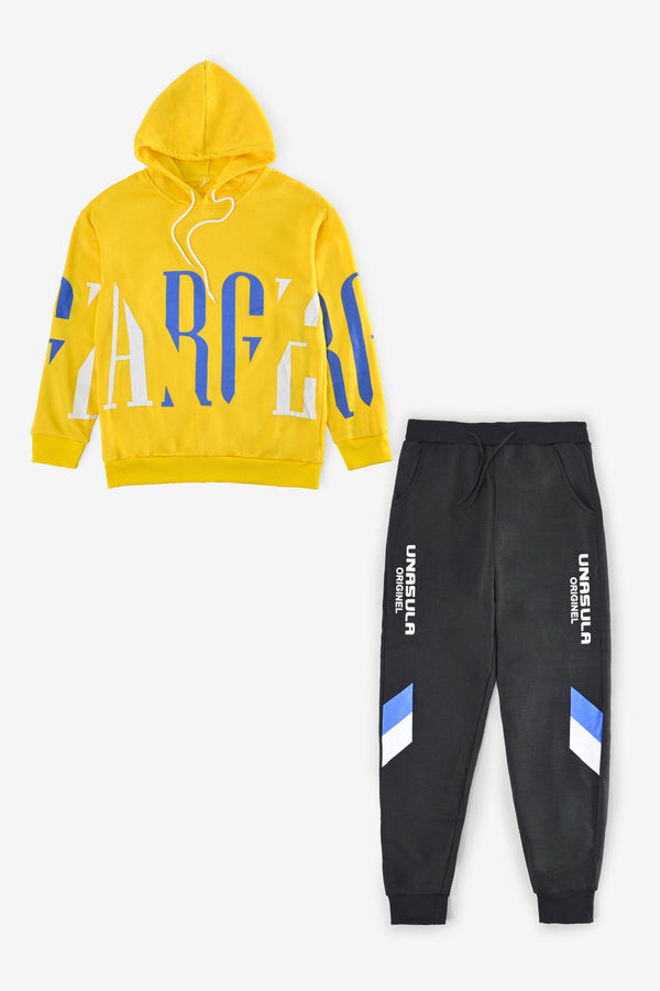 elo Men's Printed Design Fleece Tracksuit Black & Yellow