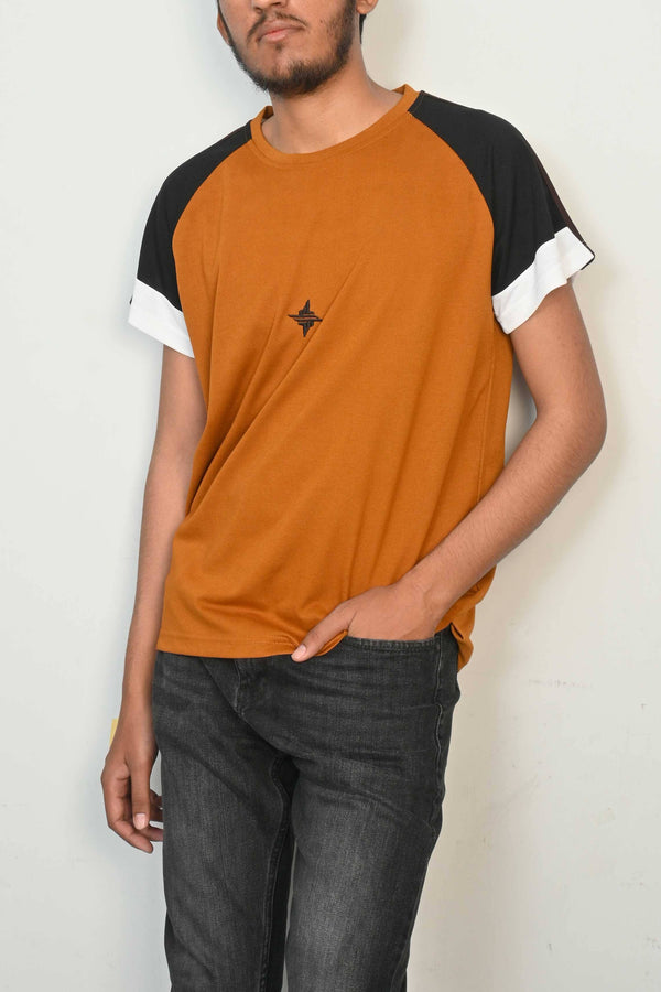 Elo Men's Raglan Sleeve Logo Embroidered Tee Shirt Black & Mustard