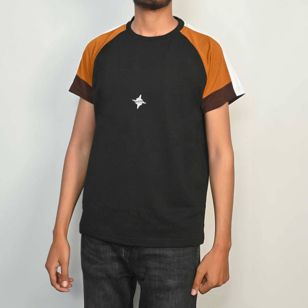 elo Men's Raglan Sleeve Logo Embroidered Tee Shirt Black & Mustard