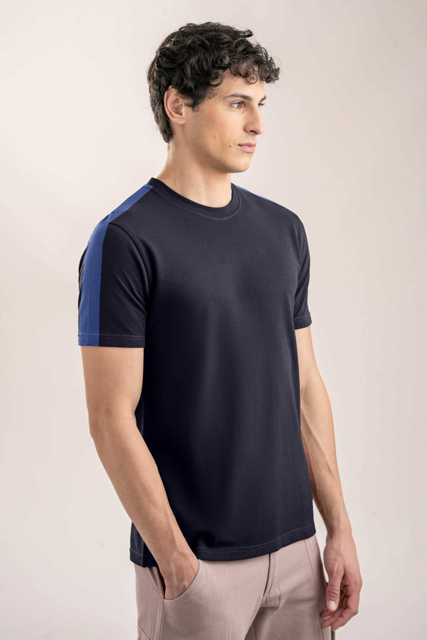 Elo Men's Shoulder Stripes Style Crew Neck Tee Shirt Mustard & Brown