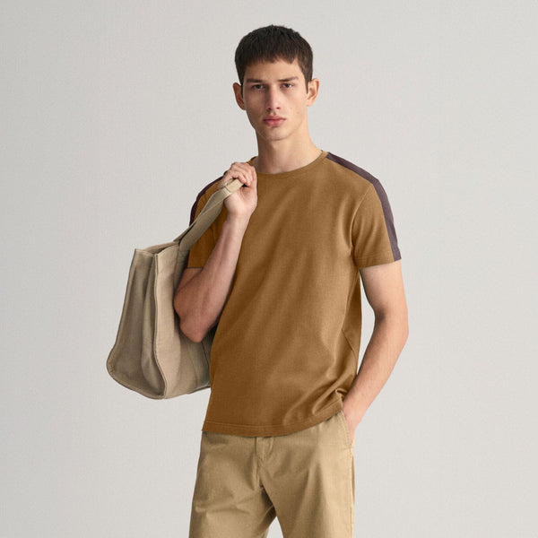 elo Men's Shoulder Stripes Style Crew Neck Tee Shirt Mustard & Brown