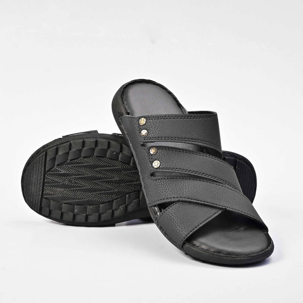 elo Men's Strap Style Padded Sole PU Leather Chappal Black