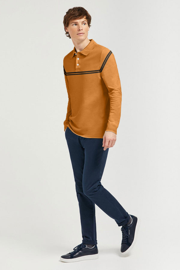 Elo Men's Striped Style Long Sleeve Polo Shirt Mustard