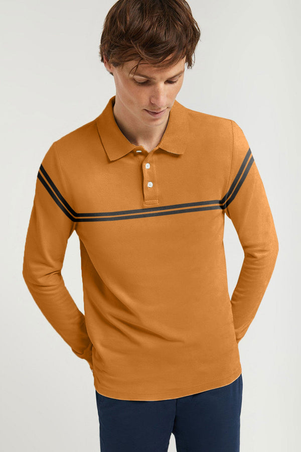 elo Men's Striped Style Long Sleeve Polo Shirt Mustard