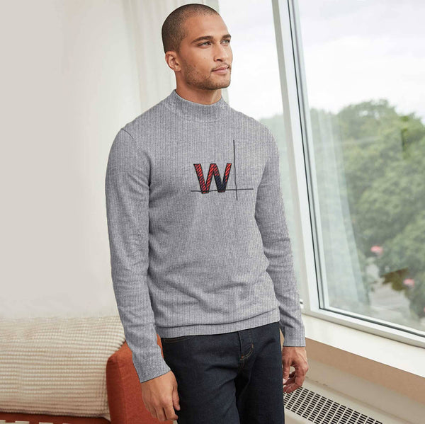 elo Men's W Embroidered Design Mock Neck Sweater Grey