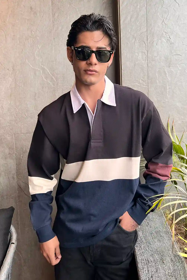 Elo MG Men's Color-Block Long Sleeves Rugby Shirt Black & Navy