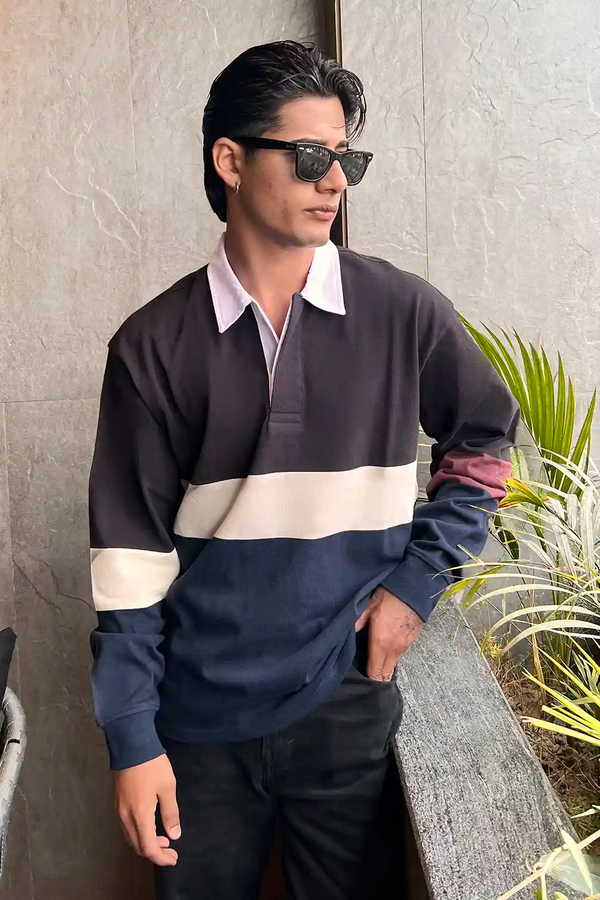 Elo MG Men's Color-Block Long Sleeves Rugby Shirt Black & Navy