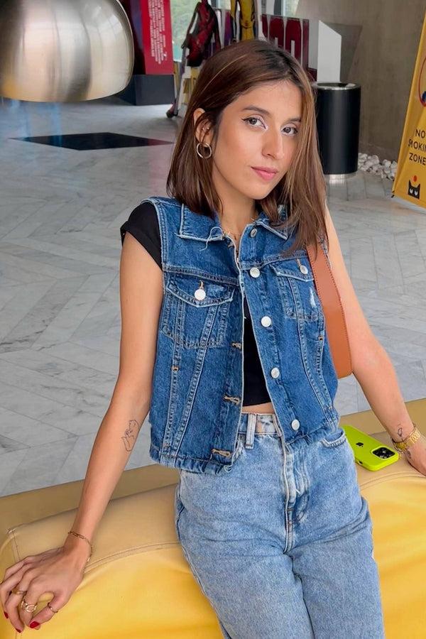 Elo MNG Women's Sleeveless Distressed Denim Jacket Blue