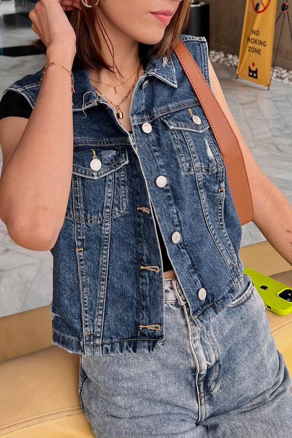 Elo MNG Women's Sleeveless Distressed Denim Jacket Blue