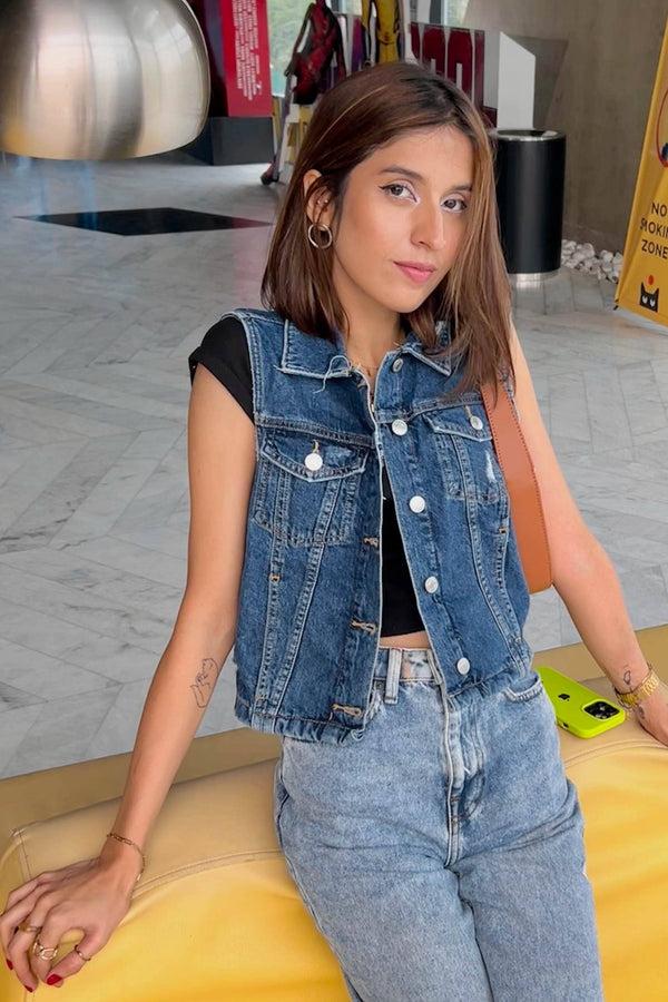 elo MNG Women's Sleeveless Distressed Denim Jacket Blue