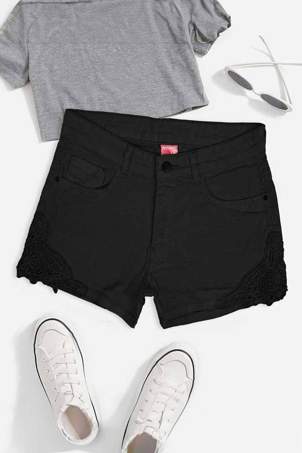 elo Monguun Girl's Floral Lace Design Denim Shorts Black