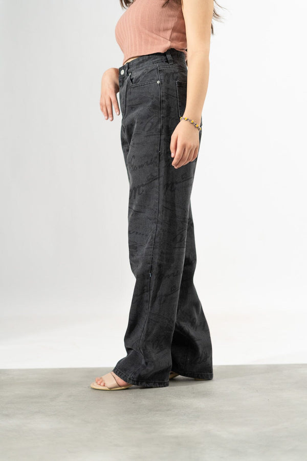 Elo Nasty Gal Women's Car Print Wide Leg Baggy Denim Blue