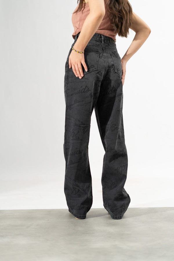 Elo Nasty Gal Women's Car Print Wide Leg Baggy Denim Blue