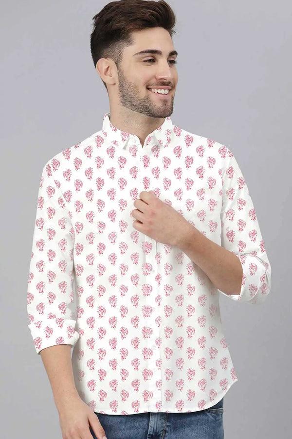 elo New Fashion Men's Batroun Printed Design Long Sleeve Casual Shirt White