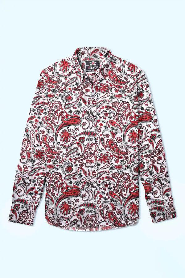 Elo New Fashion Men's Leaf Printed Smart Fit Casual Shirt White & Red