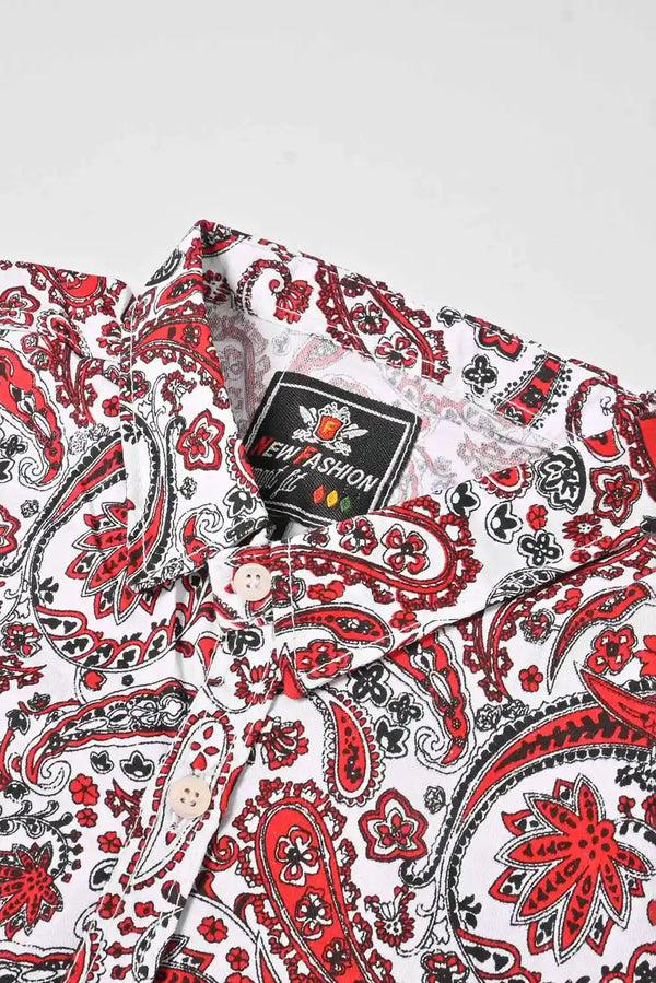 Elo New Fashion Men's Leaf Printed Smart Fit Casual Shirt White & Red