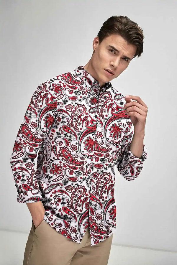 elo New Fashion Men's Leaf Printed Smart Fit Casual Shirt White & Red