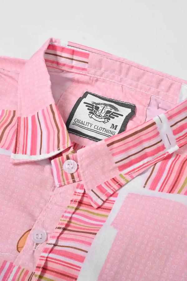 Elo New Fashion Men's Panel Design Printed Casual Shirt Light Pink