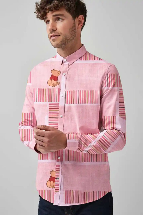 elo New Fashion Men's Panel Design Printed Casual Shirt Light Pink