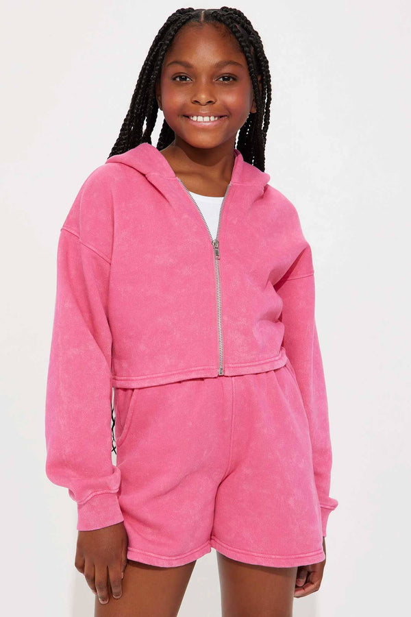 Elo NK Girl's Acid Wash Cropped Fleece Zipper Hoodie Pink