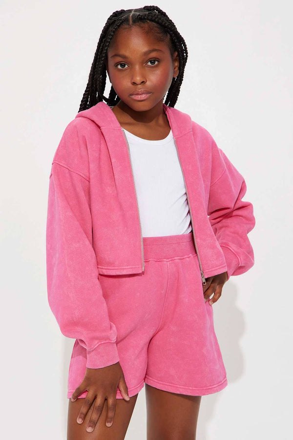 elo NK Girl's Acid Wash Cropped Fleece Zipper Hoodie Pink