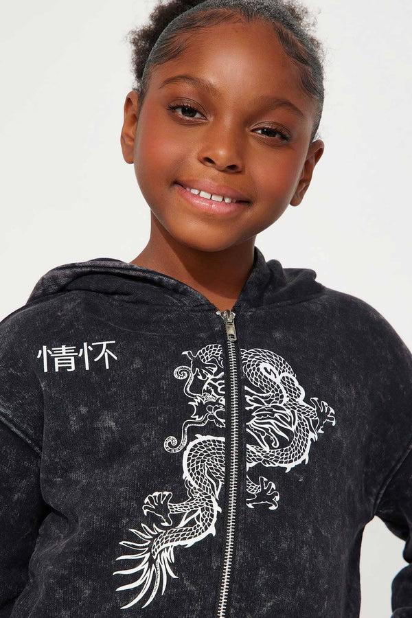 Elo NK Girl's Acid Wash Dragon Zipper Hoodie Smog Black