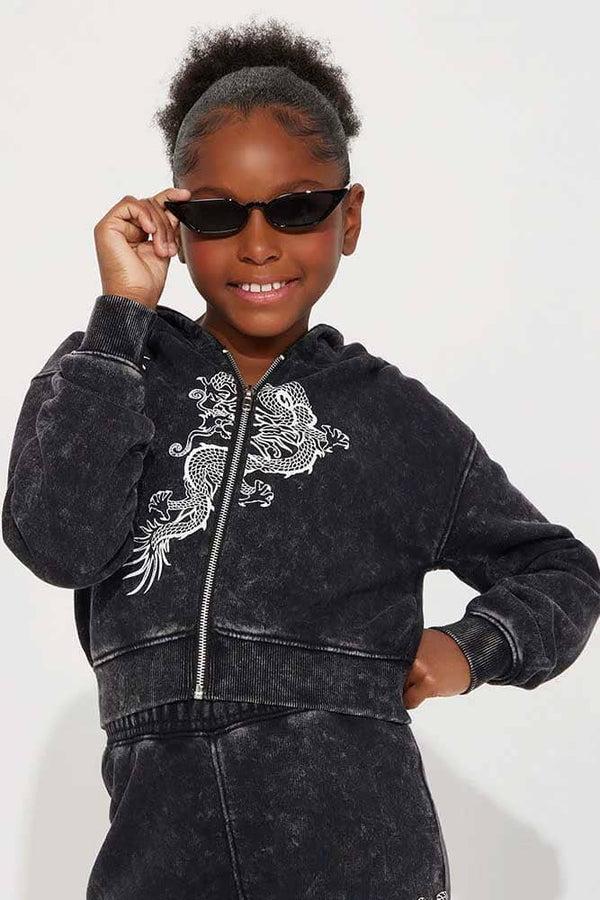 elo NK Girl's Acid Wash Dragon Zipper Hoodie Smog Black