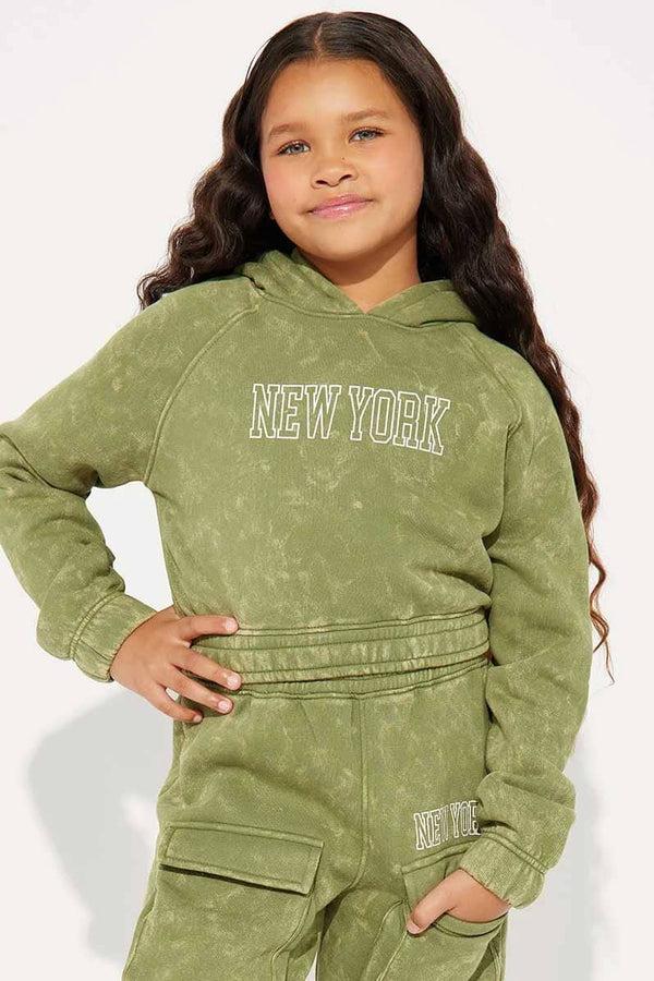 Elo NK Girl's New York Washed Cropped Pullover Hoodie Olive