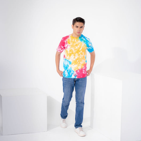 Elo Pillars Men's Tie & Dye Style Oversized Tee Shirt Yellow & Blue
