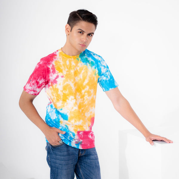 Elo Pillars Men's Tie & Dye Style Oversized Tee Shirt Yellow & Blue