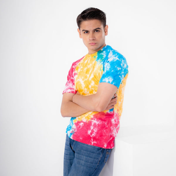 elo Pillars Men's Tie & Dye Style Oversized Tee Shirt Yellow & Blue