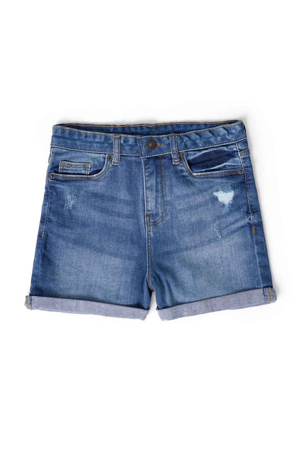 elo PO Girl's Folded Bottom Distressed Denim Shorts Blue