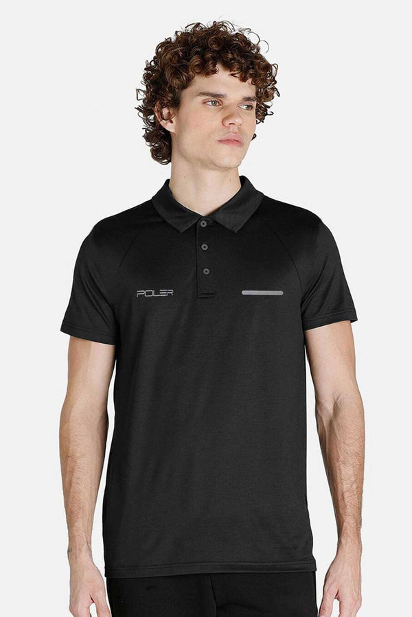 elo Poler Men's Logo Printed Stripe Style Activewear Polo Shirt Black