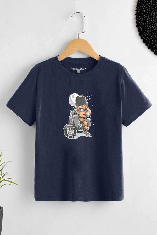 Elo Polo Republica Boy's Astronaut Vespa Street Style Printed Tee Shirt Navy