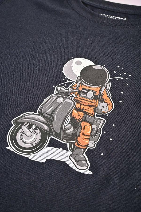 Elo Polo Republica Boy's Astronaut Vespa Street Style Printed Tee Shirt Navy