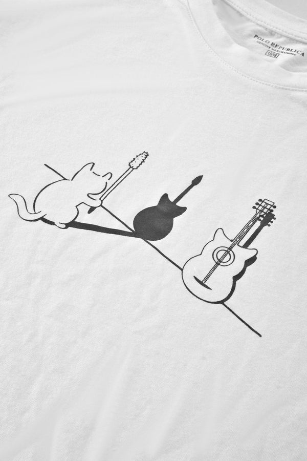 Elo Polo Republica Boy's Cat Guitar Printed Tee Shirt White