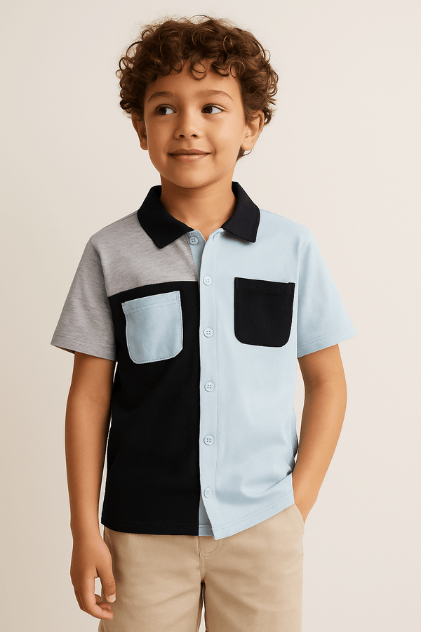 Elo Polo Republica Boy's Contrast Panels Casual Shirt Stealth Grey & Red
