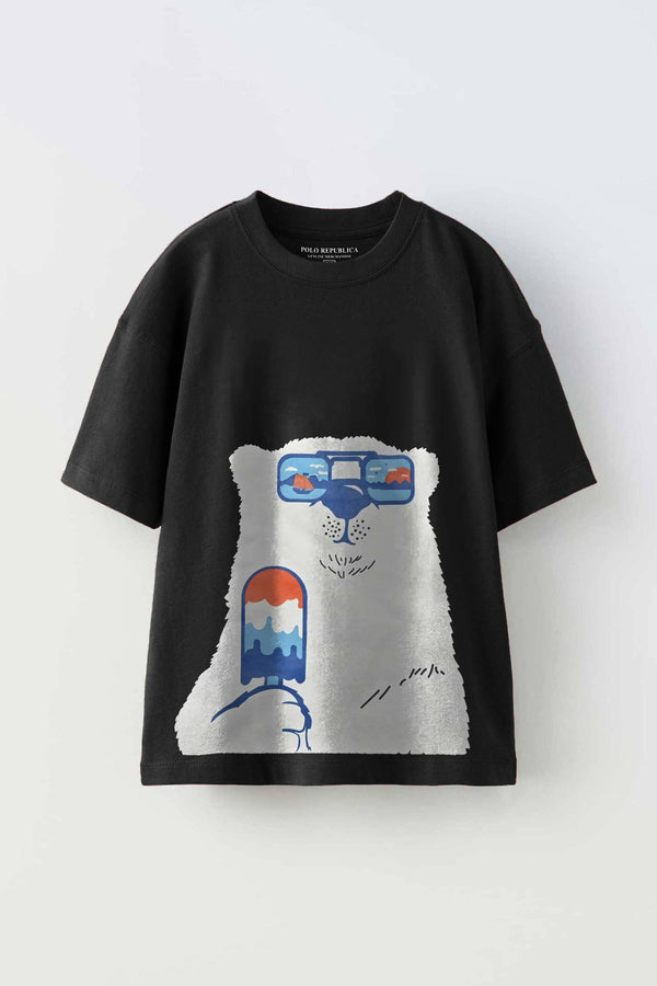 Elo Polo Republica Boy's Cool Polar Bear Printed Tee Shirt Black