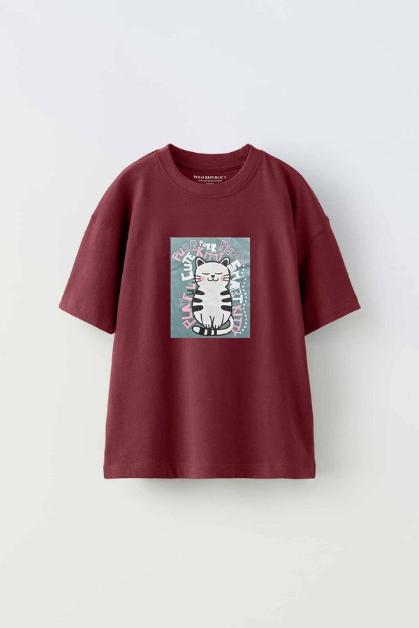 Elo Polo Republica Boy's Kitty Printed Tee Shirt Maroon