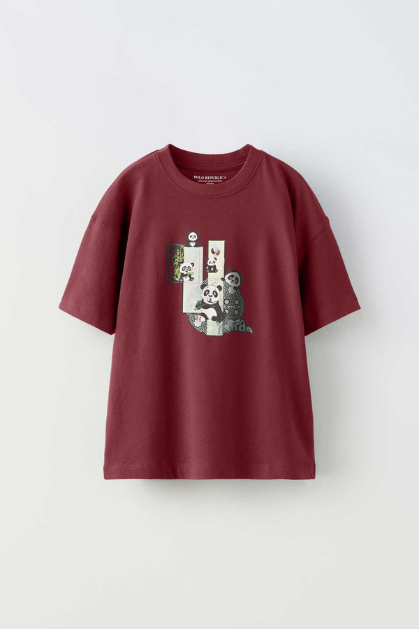 Elo Polo Republica Boy's Panda Family Printed Tee Shirt Maroon