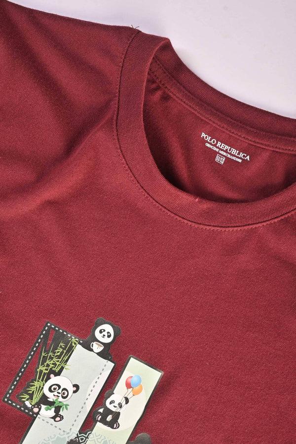 Elo Polo Republica Boy's Panda Family Printed Tee Shirt Maroon