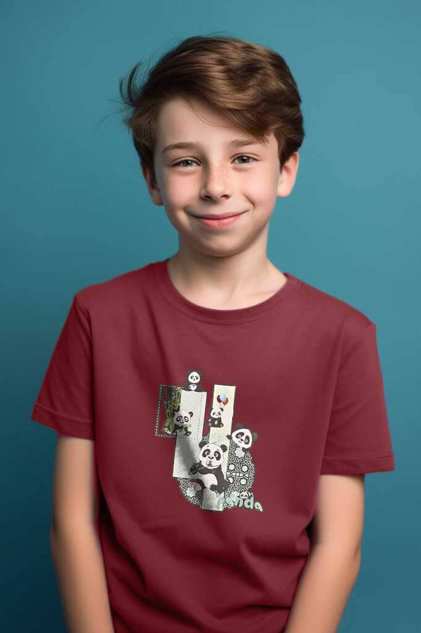 elo Polo Republica Boy's Panda Family Printed Tee Shirt Maroon