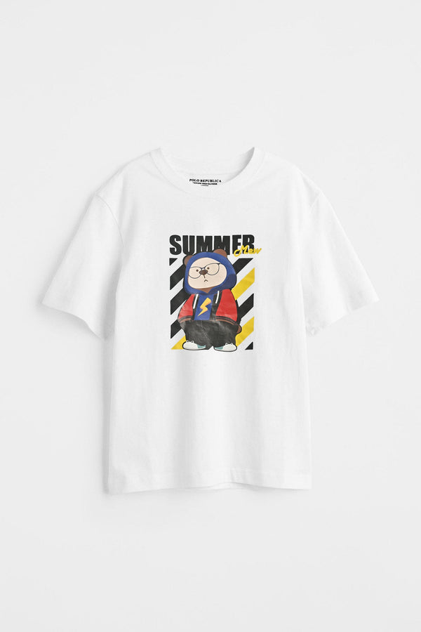 Elo Polo Republica Boy's Summer Mew Printed Tee Shirt White