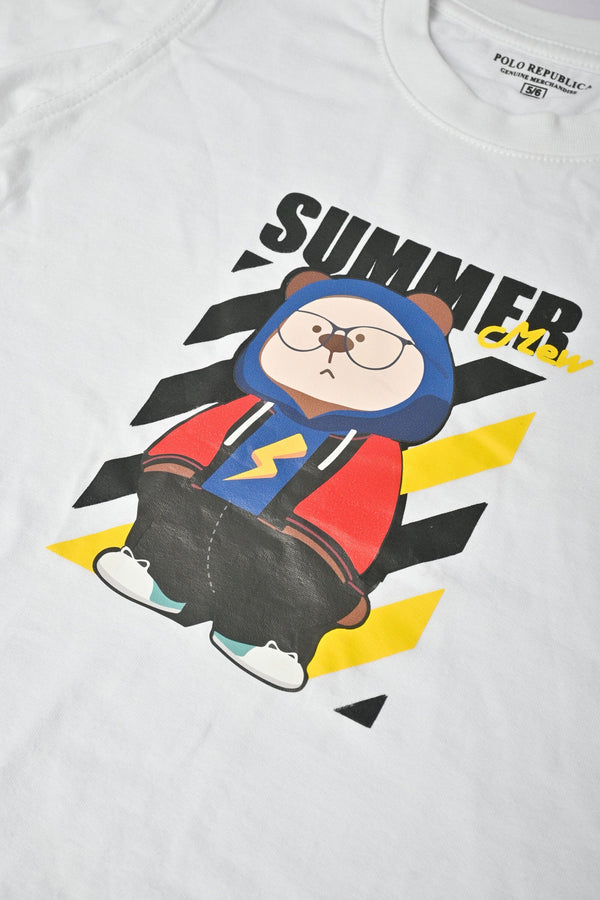 Elo Polo Republica Boy's Summer Mew Printed Tee Shirt White