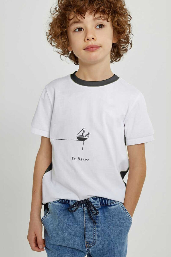 elo Polo Republica Boy's Superhero Be Brave Printed Tee Shirt White & Black