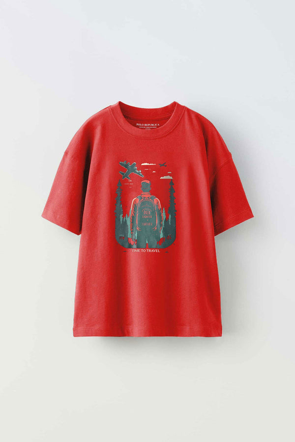 Elo Polo Republica Boy's Time To Travel Printed Tee Shirt Red