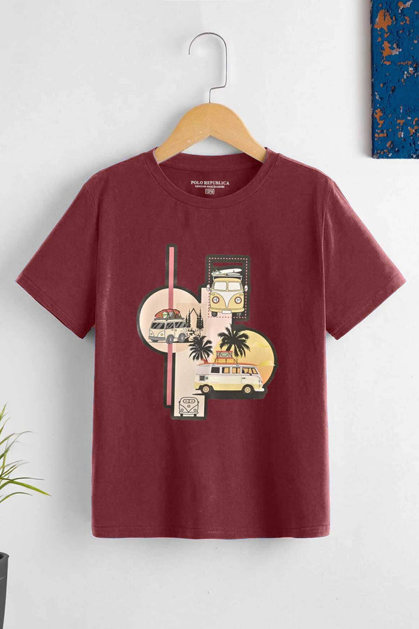 Elo Polo Republica Boy's VW Bus Printed Tee Shirt Maroon