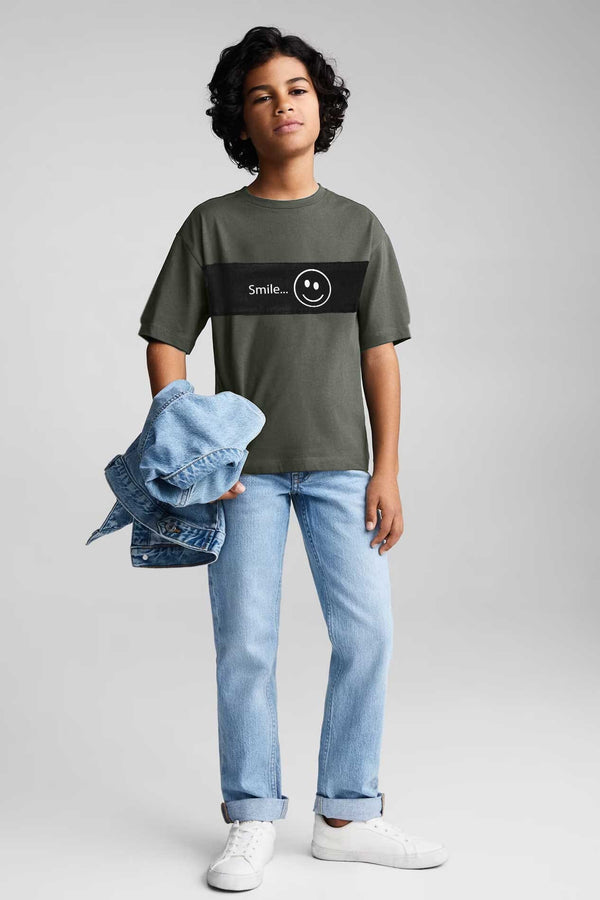 Elo Polo Republica Kid's Contrast Panel Smile Printed Tee Shirt Dark Green