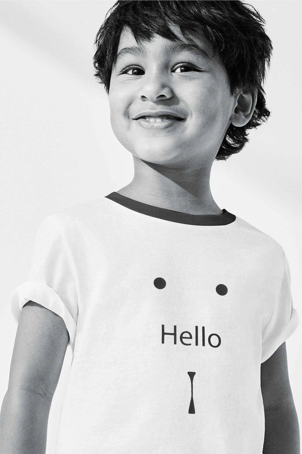 Elo Polo Republica Kid's Hello Printed Contrast Neck Tee Shirt White & Black
